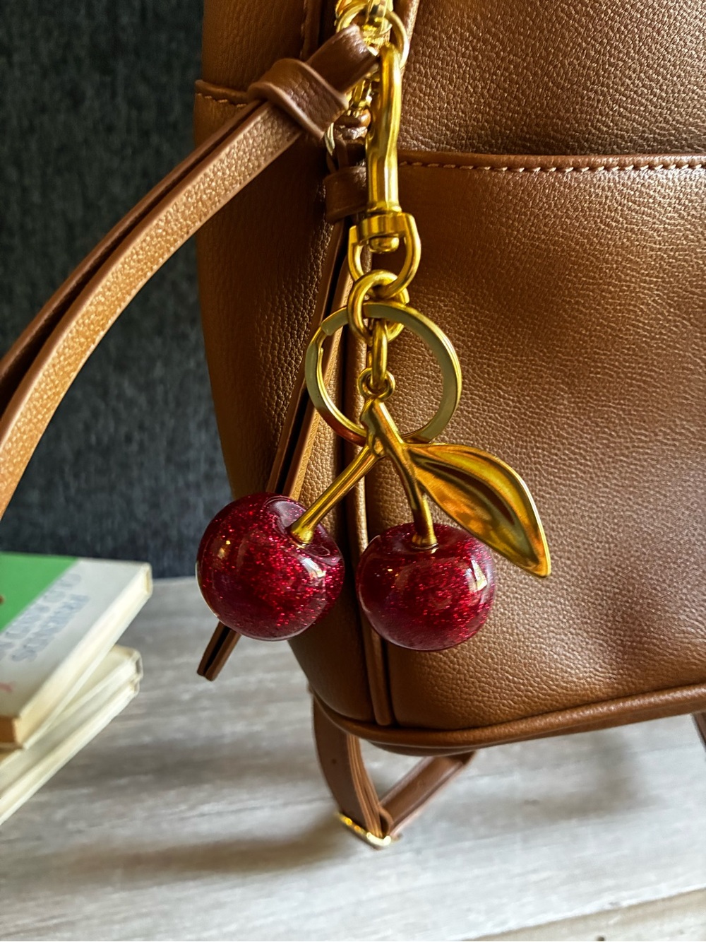 Cherry Keychain Bag Charm in Red and Gold